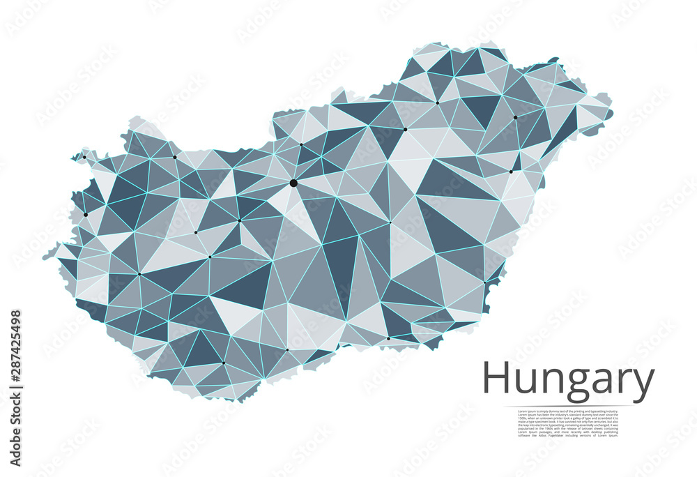 Poster hungary communication network map. vector low poly image of a global map with lights in the form of 