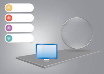 Infographic showing 3d gray desk on the gray background with PC monitor and transparent glass ball ready for your text. Four white numbered labels are ready for your text.