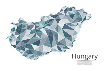 Hungary communication network map. Vector low poly image of a global map with lights in the form of cities in or population density consisting of points and shapes and space. Easy to edit