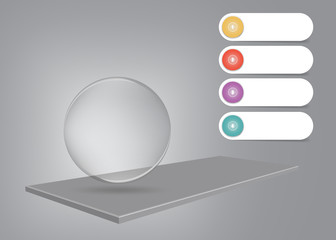 Infographic showing 3d gray desk on the gray background with transparent glass ball ready for your text. Four white numbered labels are ready for your text.