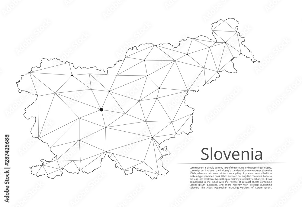 Poster the map of the network of the slovenia. vector low-poly image of a global map with lights in the for