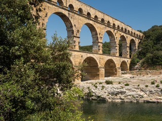 Fototapeta na wymiar France, July 2019: Pont du Gard is an old Roman aqueduct near Nimes in Southern France