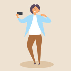 Smiling girl takes a selfie. Photographer. Editable Vector Illustration