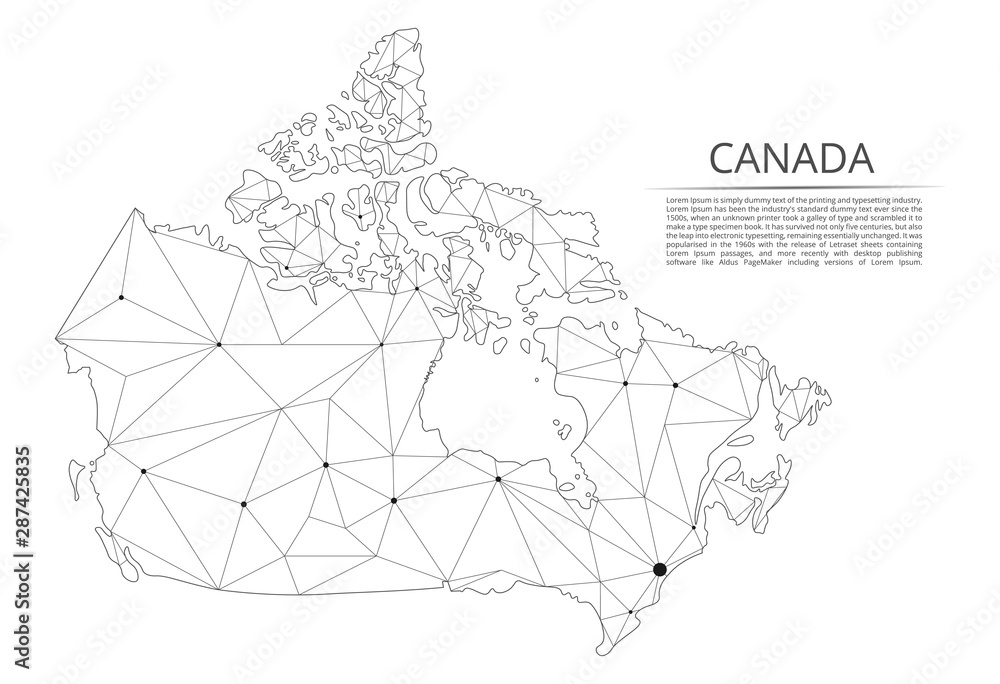 Poster map of canada. vector low-poly image of a global map with lights in the form of a population density