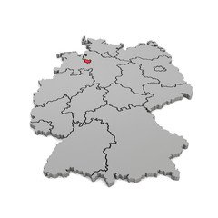 3d Illustation - Deutschlandkarte in grau mit Fokus auf Bremen in rot - 16 Bundesländer