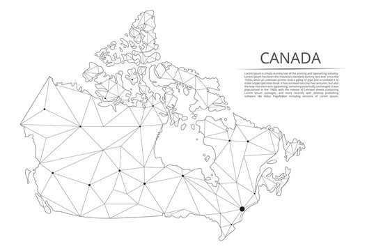Map of Canada. Vector low-poly image of a global map with lights in the form of a population density of cities consisting of figures, lines and space. Easy to edit