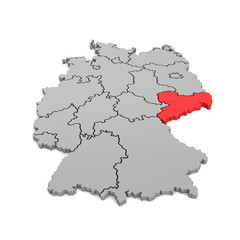 3d Illustation - Deutschlandkarte in grau mit Fokus auf Sachsen in rot - 16 Bundesländer