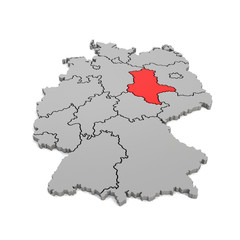 3d Illustation - Deutschlandkarte in grau mit Fokus auf Sachsen-Anhalt in rot - 16 Bundesländer