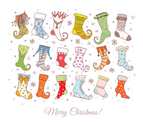 Set of colored doodle christmas socks on white background.