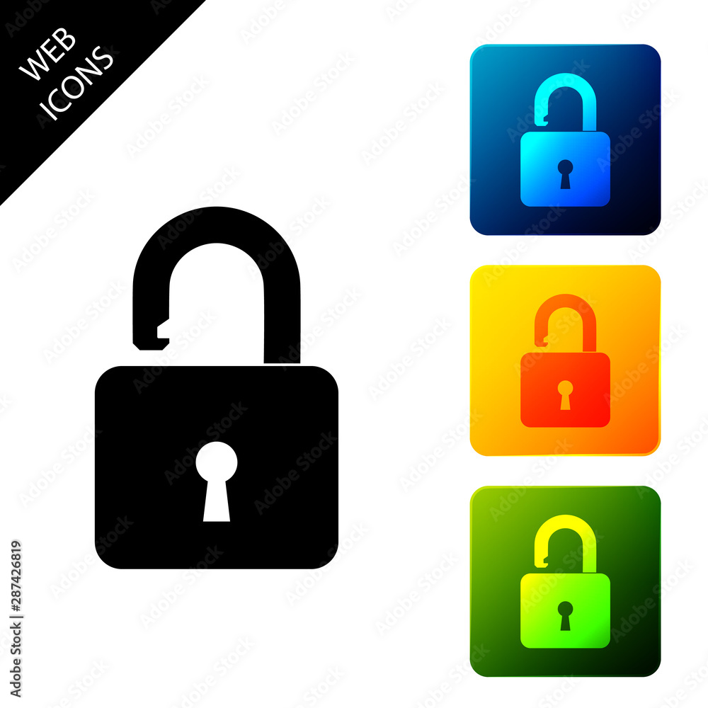 Poster open padlock icon isolated. opened lock sign. cyber security concept. digital data protection. safet