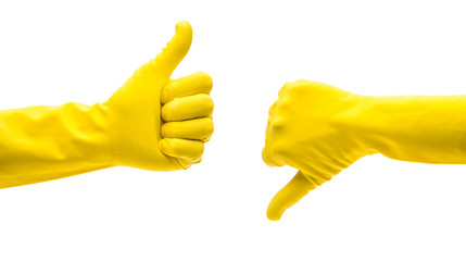 Daumen hoch und runter in Gummihandschuhen