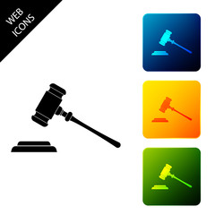 Judge gavel icon isolated. Gavel for adjudication of sentences and bills, court, justice, with a stand. Auction hammer symbol. Set icons colorful square buttons. Vector Illustration