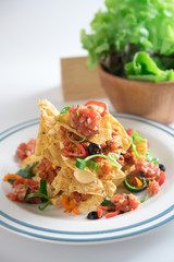 Tortilla chips with spicy tomato salsa and vegetable