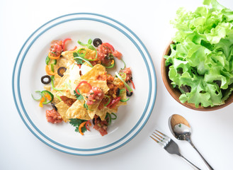 Tortilla chips with spicy tomato salsa and vegetable