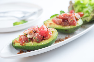 Spicy Bluefin Tuna Tartare with avocado in Thai style serve.