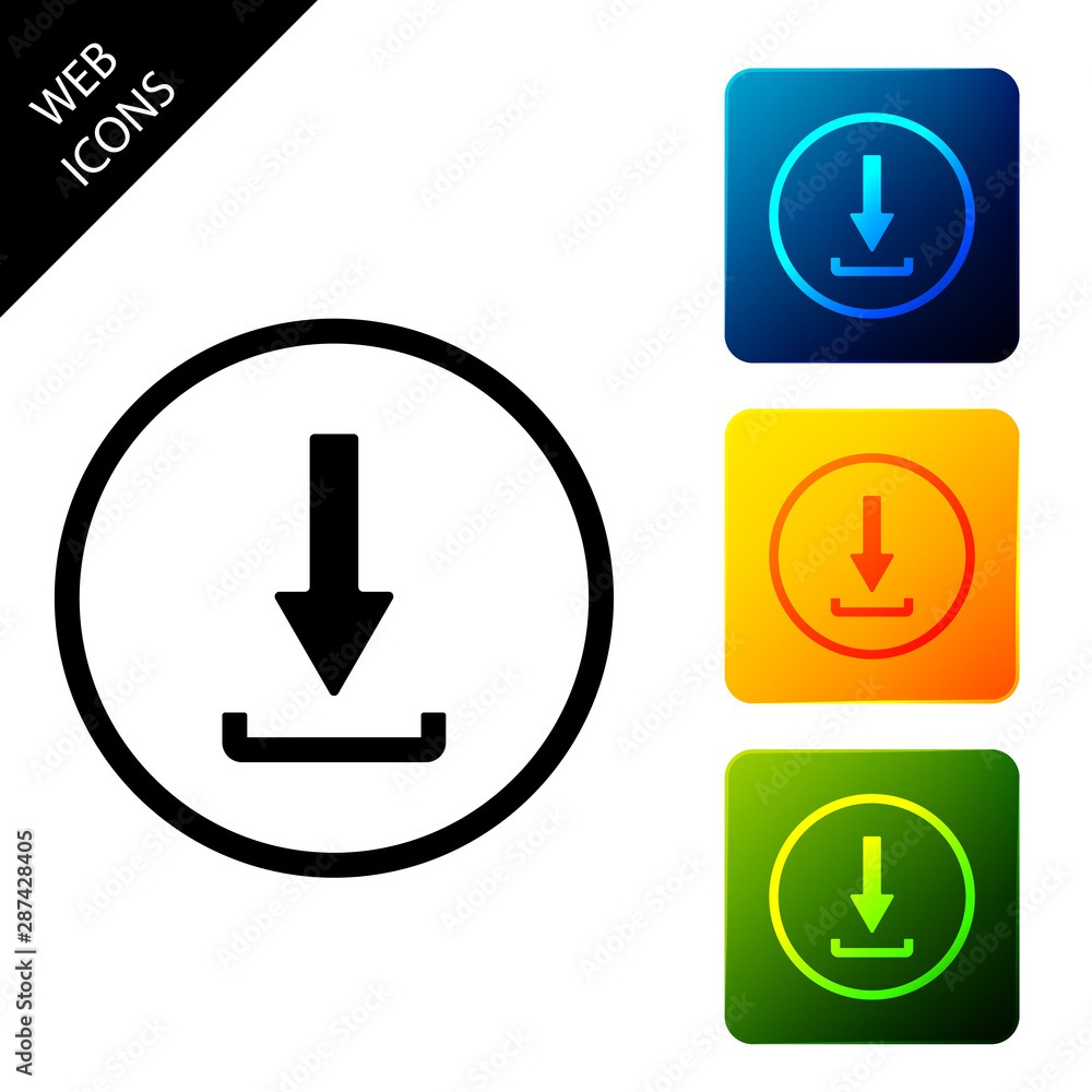 Poster download icon isolated. upload button. load symbol. arrow point to down. set icons colorful square b