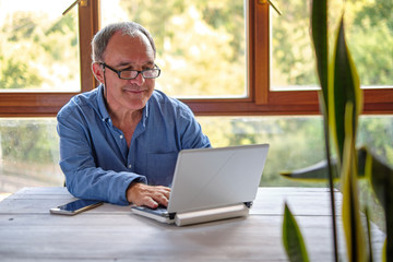 Mature man working with laptop at home