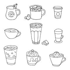 Coffee cups collection. Sketch vector illustartion. Hand drawn outline coffee set.