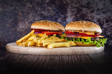 Delicious burgers with fries