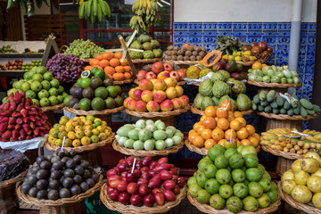 Fresh exotic fruits in Mercado Dos Lavradores. Funchal, Madeira, Portugal