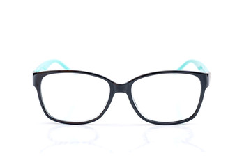 Fototapeta premium close up of eyeglasses in black and blue colors isolated on white background.