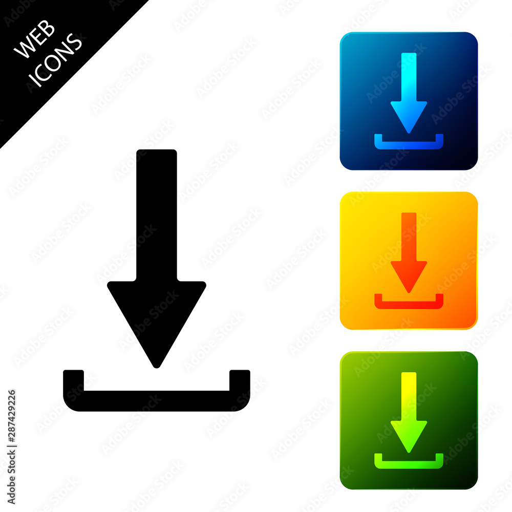Poster download icon isolated. upload button. load symbol. arrow point to down. set icons colorful square b
