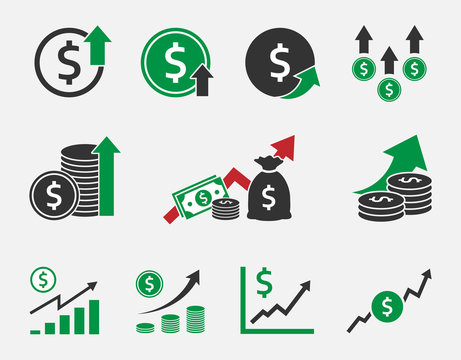 dollar rate increase, currency growth icon set