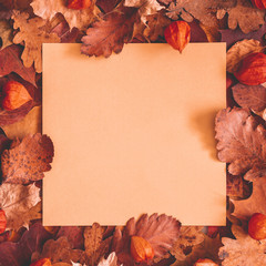 Autumn composition. Paper card, dried leaves. Autumn, fall, thanksgiving day concept. Flat lay, top view, copy space, square