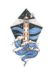 Lighthouse in the night storm colored tattoo illustration, hand drawn ink engraving design