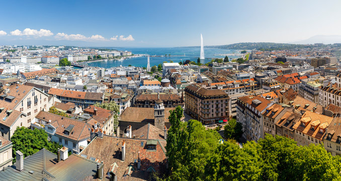 Cityscape of Geneva with fountain Jet d'eau in Switzerland