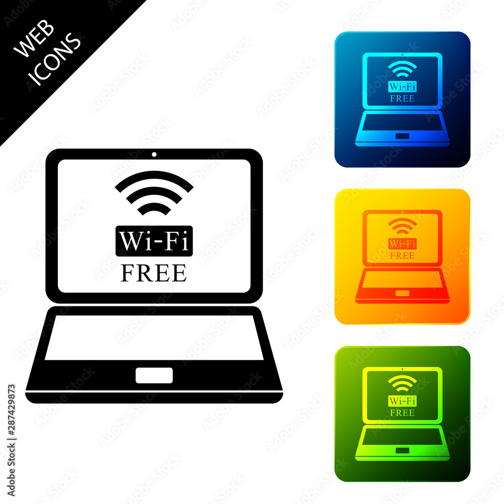 Poster laptop and free wi-fi wireless connection icon isolated. wireless technology, wi-fi connection, wire