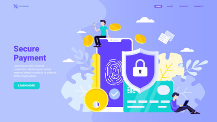 Secure payment, personal information security, account protection design concept for landing page. Flat vector illustration with tiny characters for landing page, web site, banner, hero image 