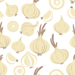 Flat colored light brown onions on white background seamless patttern