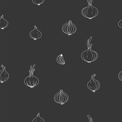 Small onions white outline on dark background seamless pattern