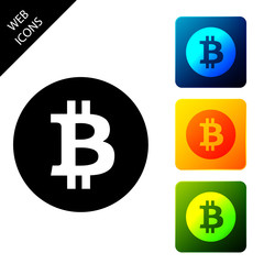 Cryptocurrency coin Bitcoin icon. Bitcoin for internet money. Physical bit coin. Digital currency. Blockchain based secure crypto currency. Set icons colorful square buttons. Vector Illustration