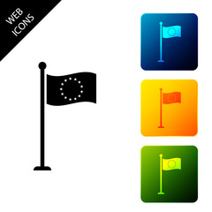 Flag of European Union icon isolated. EU circle symbol. Waving EU flag on a metallic pole. Set icons colorful square buttons. Vector Illustration