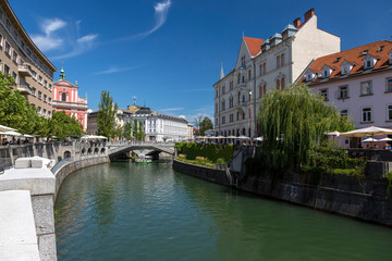 View of the embankment of the Ljubljana River in Ljubljana