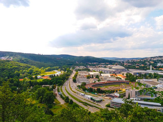 View from the mountain to a complex of sports facilities built in the Czech Republic.
