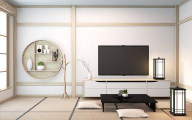 cabinet wooden design on room wooden japanese minimal interior style.3D rendering