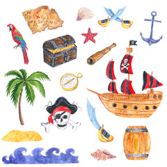 Fototapeta premium Set of pirate clipart. Pirate ship, anchor, treasure chest with gold coins, pirate saber, Ocean waves, treasure map, Copper spyglass. Hand drawn watercolor illustration isolated on white.