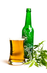 Beer with marijuana in a glass on white