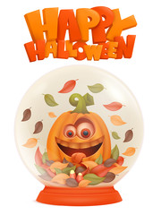 Glass souvenir snowball with halloween cartoon pumpkin character