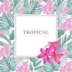 Tropical plants stationery design. Frame with exotic monstera, banana, palm leaves and plumeria flowers in background.