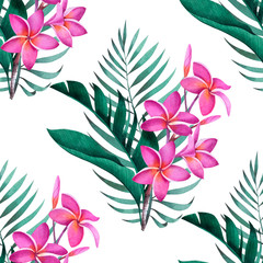 Tropical seamless pattern with plumeria flowers, banana and palm leaves on white background.