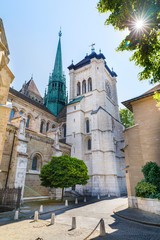 Fototapeta na wymiar Towers of Saint Peters cathedral in Geneva, Switzerland