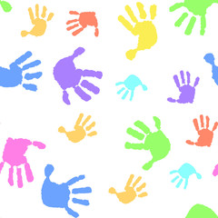 Children seamless pattern of hand print. Kid handprint background. Vector illustration of a prints of palms. Children's hands, baby palms, watercolor.