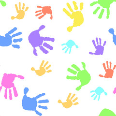Fototapeta premium Children seamless pattern of hand print. Kid handprint background. Vector illustration of a prints of palms. Children's hands, baby palms, watercolor.