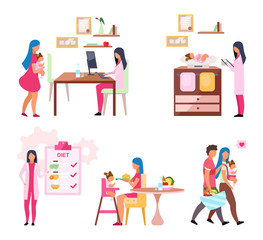Baby weight control flat vector illustrations set. Mother and daughter visiting nutritionist isolated cartoon characters. Young parents holding basket with fresh fruits and vegetables