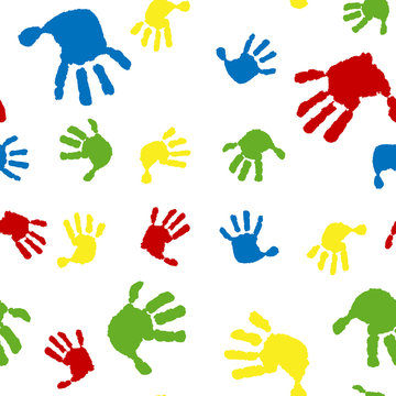 Children seamless pattern of hand print. Kid handprint background. Vector illustration of a prints of palms. Children's hands, baby palms, watercolor.