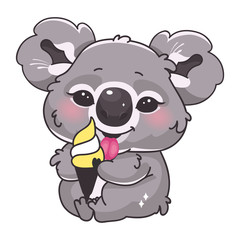 Cute koala kawaii cartoon vector character. Adorable and funny smiling animal eating ice cream isolated sticker, patch. Anime baby koala bear tasting sweets emoji on white background